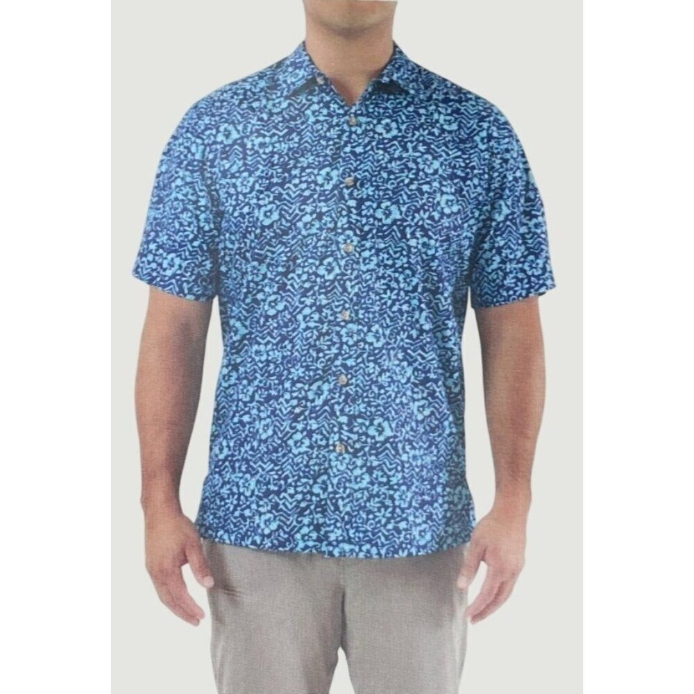 Cooke Street Men's L Hawaiian Islands Blue Floral Print Cotton Button Up N0983